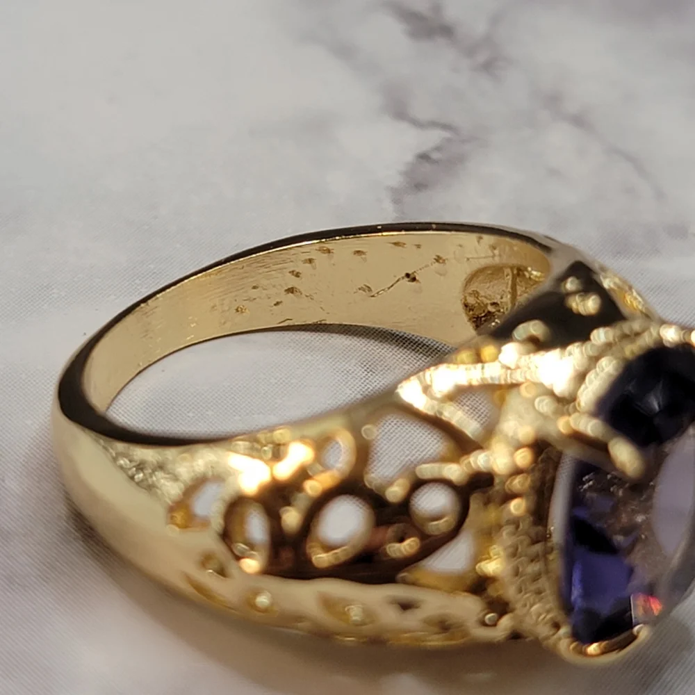 Gold Tone Simulated Purple Gemstone Butterfly Filigree Ring